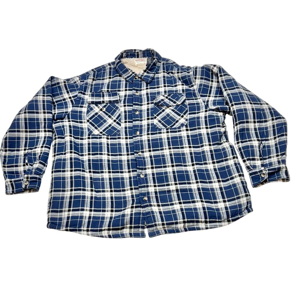 Wrangler Plaid Flannel Jacket Men 2XL Sherpa Lined Blue Black White Heavyweight
